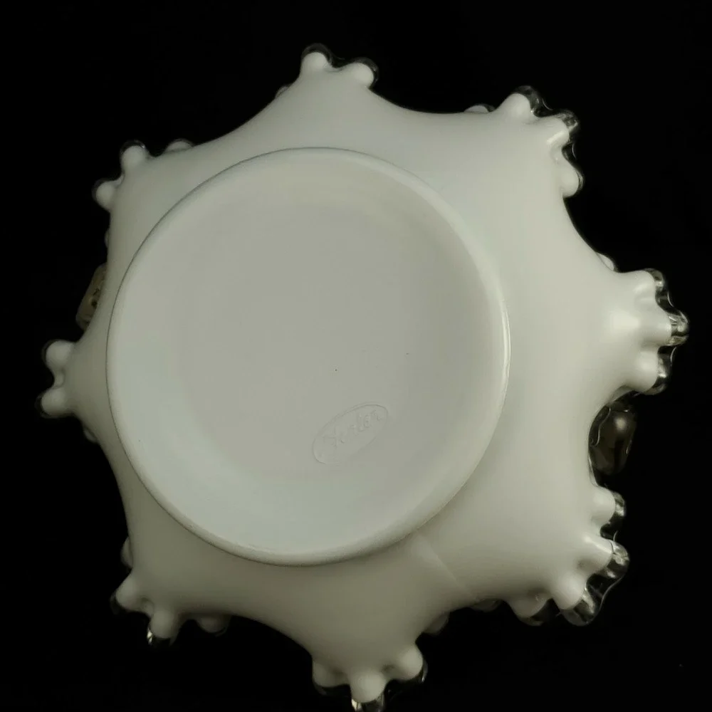 Fenton Silver Crest Brides Basket Ruffled Milk Glass Clear Glass Handle 8